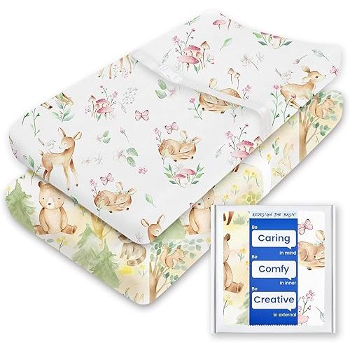 Changing Pad Cover for Girls Boys, TotBasic Premium Soft Changing Table Covers, Stretchy Jersey Changing Table Sheets - Fits All Standard Changing Pads - 2 Pack (Forest Bear & Bambi Deer)