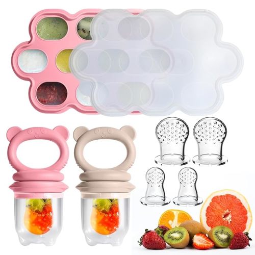 Baby Food Feeder Set, 2 Packs Fruit Feeder & Breastmilk Popsicle Molds Freezer Tray with Lid, Silicone Fruit Feeder to Teething Relief, Introduce New Foods, Baby Feeding Essentials(Red+Beige)