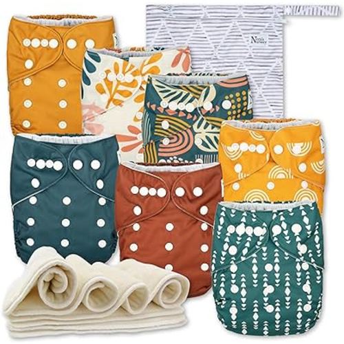 Nora's Nursery Cloth Diapers 7 Pack with 7 Inserts & 1 Wet Bag - Waterproof Cover, Washable, Reusable & One Size Adjustable Pocket Diapers for Newborns and Toddlers - The Keys