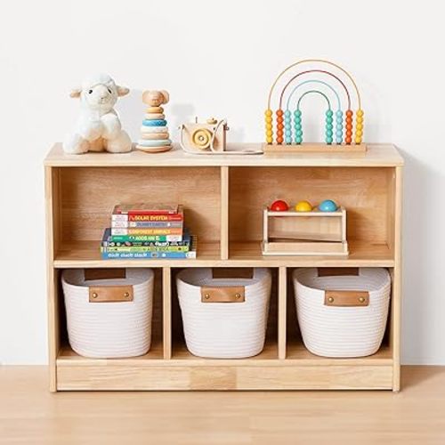 Rubber Wood 5-Compartment Montessori Shelf, 35.4" L Toddler Bookshelf, 2-Tier Wooden Storage Cabinet, Kids Classroom Organizer, Playroom, Daycare and Preschool Storage Shelves