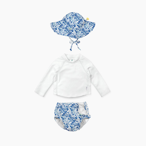 GREEN SPROUTS UPF 50+ Snap Swim Diaper & Rashguard Set with Brim Hat - White/Blue Flower Field, 0-6 Months