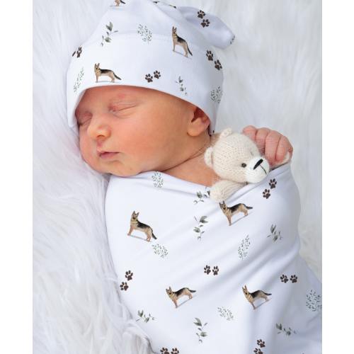 German Shepherd Baby Swaddle Blanket, Personalized GSD Swaddle Custom Dog Baby Shower Gift, Baby Boy Crib Bedding, Baby Girl Name Swaddle