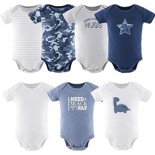 The Peanutshell Baby Bodysuits for Boys, Short Sleeve 7 Pack, Newborn to 24 Months,%100 Cotton Outfits - Blue Camo