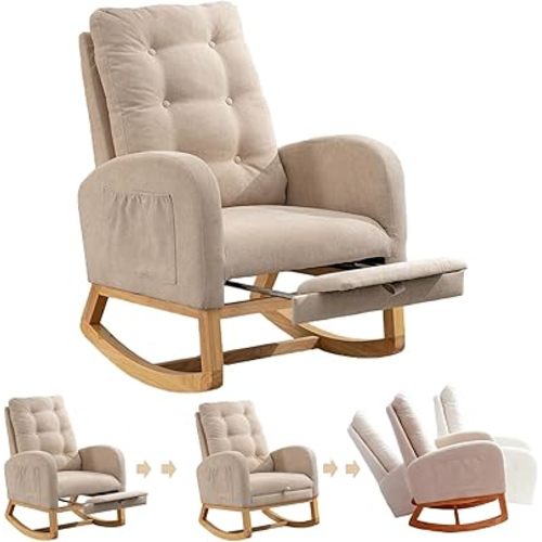 Nursery Rocking Chair with Foot Rest, Upholstered Glider Rocker Chair Comfy Wide Padded Seat Accent Chair with High Backrest and Armchair with Side Pocket for Living Room Bedroom Offices, Beige-1