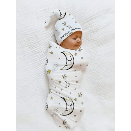 SHEIN Newborn Baby Boy Star & Moon Print Blanket & Hat Photo Set