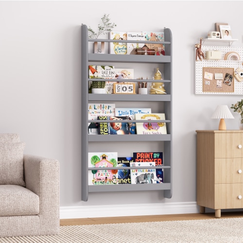 Homfa 4-Tier Wall Bookshelf, 43.7"H Wall Mounted Kids Bookshelf, Book Storage Rack for Kids Room, Nursery, Gray