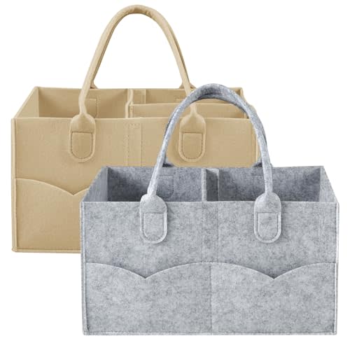 PandaEar 2 Pack Baby Diaper Caddy Organizer, Portable Diaper Holder Nursery Storage Basket for Wipes & baby stuff, Collapsible Baby Organizers with Divided Design (Grey/Brown)