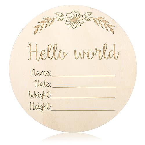 Baby Birth Announcement Sign Wooden Hello World Newborn Sign Round Double-Sided Boho Willow Branch Baby Name Announcement Sign for Girl Boy Photo Prop Baby Shower Nursery Gift Keepsakes (Style 3)