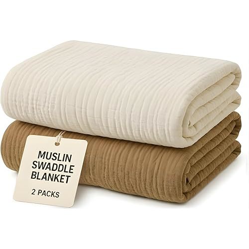 Muslin Swaddle Blankets Pack of 2 Light Brown & Beige Neutral Baby Blankets, Cozy Muslin Baby Swaddle Set, Soft & Safe Large Size 40x40 Inches Perfect for Wrapping, Nursing & Tummy Time