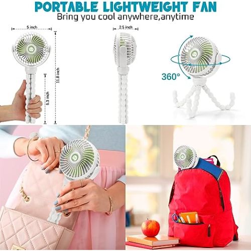 snawowo Upgraded Portable Baby Stroller Fan, 360°Rotate Rechargeable Mini Clip on Fan with Flexible Tripod for Stroller Treadmill Crib Car Seat Travel, 4000mAh Battery Powered Handheld Fan (White)
