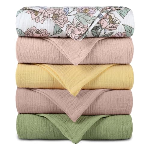 Muslin Receiving Blankets, Neutral Blanket Swaddling for Newborn Boys and Girls, 5 Pack Breathable and Skin-Friendly Swaddle Wrap for Infant Baby (Pink Flower)