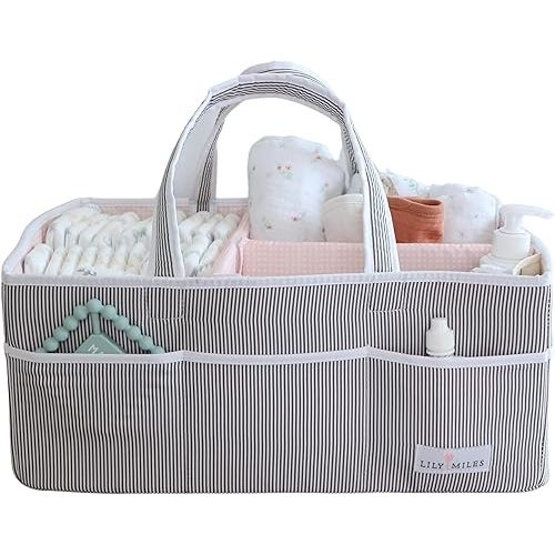Lily Miles Baby Diaper Caddy - Organizer Tote Bag for Baby Girl Essentials - Baby Shower Basket - Nursery Must Haves - Registry Favorites - Newborn Caddie Car Travel - Gray/Blush, Extra Large