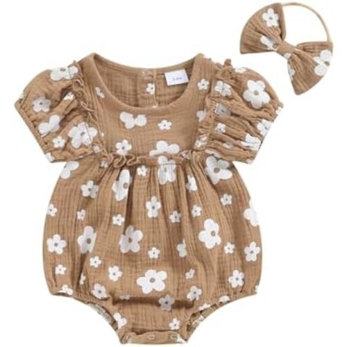 Baby Girl Rompers Daisy Print Short Sleeve Infant Bodysuit Summer Newborn Girl Linen Cotton Jumpsuit Clothes Headband