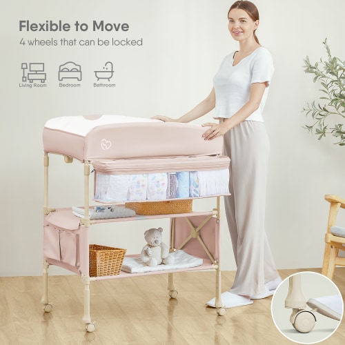 Portable Baby Changing Table with 1pc Diaper Changing Pad, Height Adjustable Changing Station for Infant and Newborn(Pink)