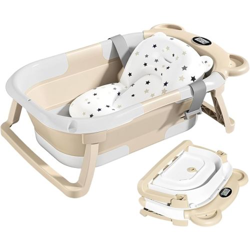 TPN Collapsible Baby Bathtub, Baby Bath Tub with Soft Cushion & Real-Time Thermometer, Baby Bathtub Infant to Toddler Tub (0-36 Months), Portable Travel Baby Tubs for Newborns (Beige)