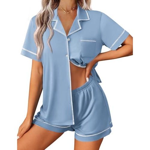 Ekouaer Womens Pajama Set Button Down Sleepwear Short Sleeve Pjs Top and Short with Pocket Soft Lounge Set