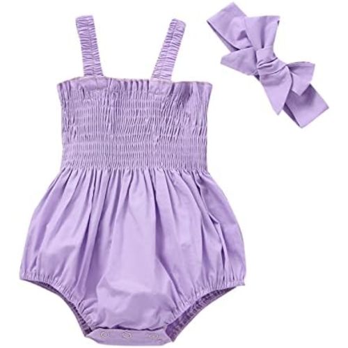 FOMOYUU Newborn Baby Girl Romper Summer Sleeveless Smocked Cotton Linen Clothes Outfit with Headband