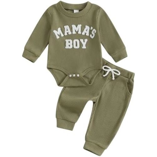 FOMOYUU Newborn Baby Boy Clothes Waffle Letter Embroider Long Sleeve Romper Pullover Tops and Pants Sets Fall Winter Outfits