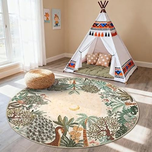 GarveeHome Round Area Rugs 4ft for Kids Room, Beige Jungle Washable Circle Rug Soft Non Slip Forest Animal Print Floor Mat Tiger Carpet Indoor Thin Tent Rug for Bedroom Dining Room Playroom Nursery