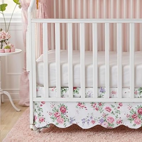 Brandream Boho Bohemian Girl Baby Nursery Crib Bed Skirt Scallop Edge Crib Skirt - French Country Pink Flower Floral Farmhouse Chic 100% Cotton Toddler Bedskirt - 4 Sided