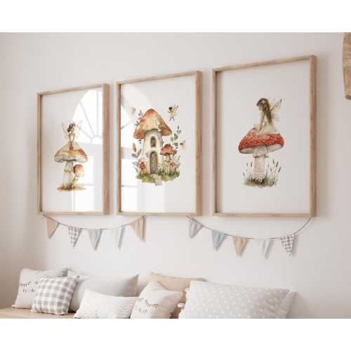 Whimsical Fairy Nursery art print mushroom print Watercolor art neutral nursery Printed and shipped on high archival paper Set of 3 NF2-A3