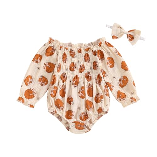 Ayalinggo Baby Girl Halloween Outift Cotton Bubble Romper Smocked Boo Print Ruffle Rompers Outfits Newborn Clothes