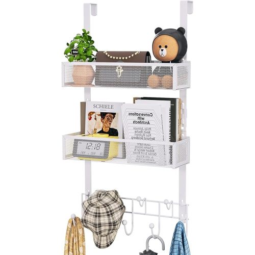 HapiRm Over The Door Organizer with Coat Hooks and 2 Baskets, Stainless Steel Rustproof Over The Door Hanger Hooks for Bathroom, Kitchen, Bedroom-White (for 1.76in Doors)