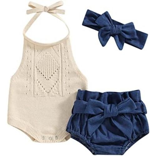 BULINGNA Baby Girl Summer Outfit Sleeveless Halter Neck Knitted Romper + Denim Shorts + Bow Headband Newborn Infant Clothes