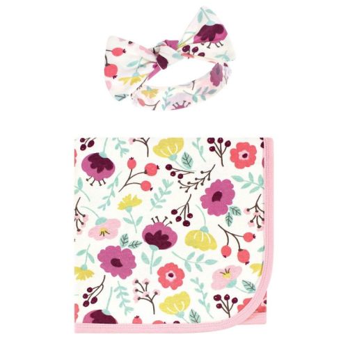 Touched By Nature Baby Girl Organic Cotton Swaddle Blanket And Headband Or Cap, Botanical, One Size