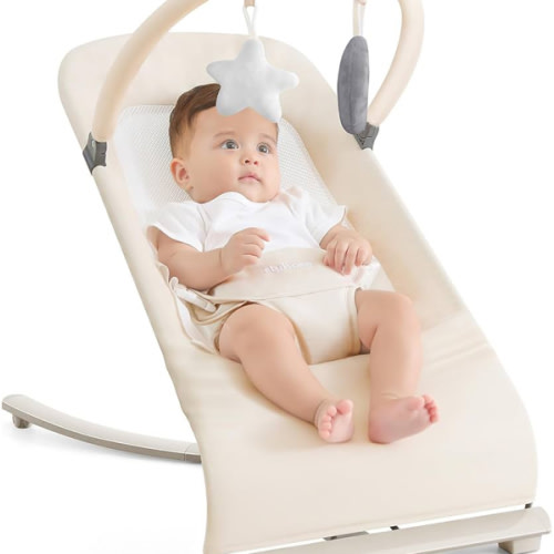 3-in-1 Portable Baby Bouncer & Rocker Chair for Newborn to Toddler - 4 Adjustable Recline Positions, Breathable Cotton Fabric, Natural Vibration, Supports Up to 33 lbs (Oatmeal Khaki)