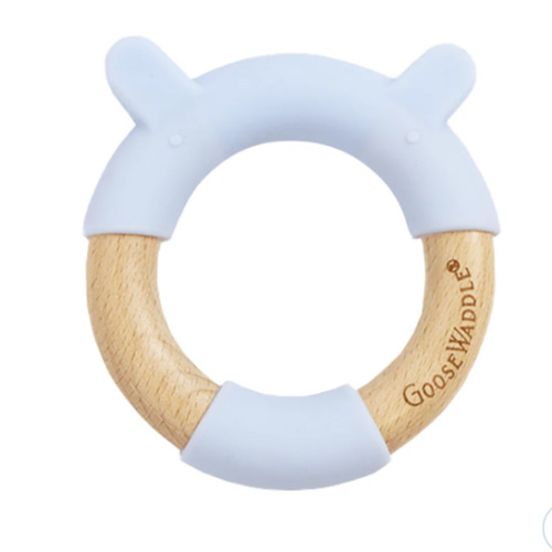 Blue Bear Circle Bear Head Teether Silicone + Wood Teether - Goosewaddle® | Newborn Baby Blankets Toys Teethers Bibs & More