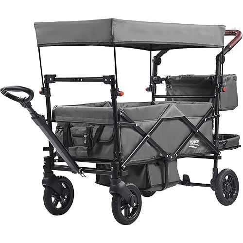 VEVOR Wagon Stroller for 2 Kids, Push Pull Quad Collapsible Stroller with Adjustable Handle, Encircling Harness Removable Canopy, 4 Wheels w/Brakes, Mutifunction Tandem Stroller for Camping Dark Grey