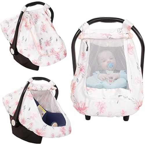3-in-1 Car Seat Cover Baby, Breathable Peekaboo Sunshade and Mosquito Net, Universal Fit Infant Car Seat, Stretchy Canopy with Portable Storage Bag, Soft and Lightweight