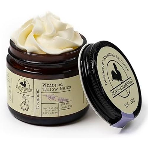 Hearth and Homestead: Handmade Whipped Tallow Balm, Organic, Moisturizer, Body Butter with Infused Olive Oil, for Eczema, Rosacea, Baby (Lavender)