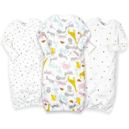 Newborn Unisex Baby Boys Girls Cotton Sleeper Gown Nightgown Sleepsuits with Hats, 0-3/0-6 Months