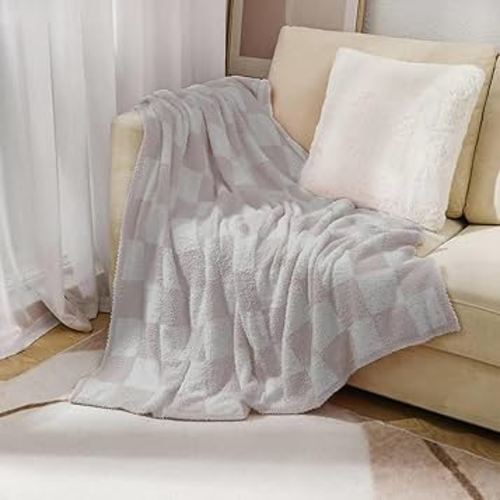 DOOWELL Checkered Blanket Throw Soft Knit Blanket with Checkerboard Grid Pattern for Couch Sofa Bed Camping Travel Gift (Cream, 50"x60")
