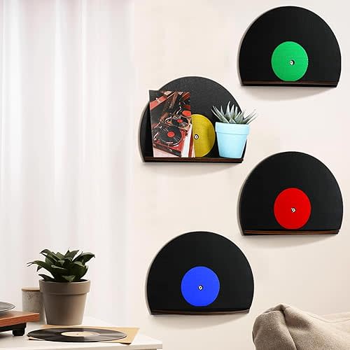 4 Pcs Vinyl Record Wall Decor Music Art Themed Wall Storage Shelf Blank Record Shaped Hanging Sign Aesthetic Music Theme Home Decoration for Room Bedroom Party Decor(Classic,Wooden)