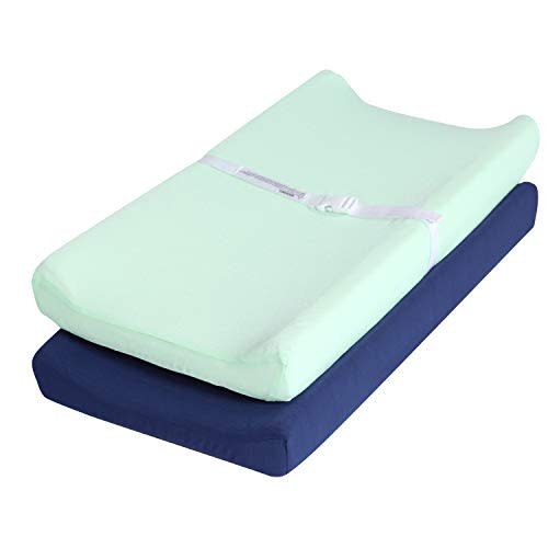 TILLYOU Changing Pad Cover Set in Soft Jersey Material - Fits 32"/34''x16 Contoured Pad for Babies, Navy Blue & Lt Green