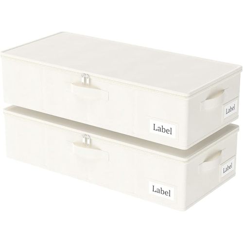 Yawinhe Underbed Bags, Storage Containers Bags with Lid, Foldable Blanket Bins, with Sturdy Zipper und Label Holders, for Clothing, 23.6''Lx11.8''Wx6''H, 2 Pack, Beige