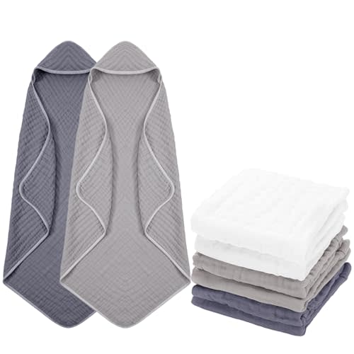 Peryiter 8 Pack Muslin Hooded Baby Bath Towels and Wash Cloth Set Soft Cotton Gauze Baby Hooded Bath Towel Baby Wipes Absorbent Bath Face Towels Burp Cloths Face Towels for Girl Boy (Gray Series)