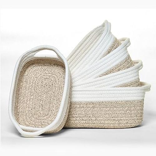 Storage Basket Set – 5-Piece Baskets for Organizing Home, Shelves, Nursery, Bathroom, Dog Toys, Small to Large Decorative Baskets – White and Mixed Brown