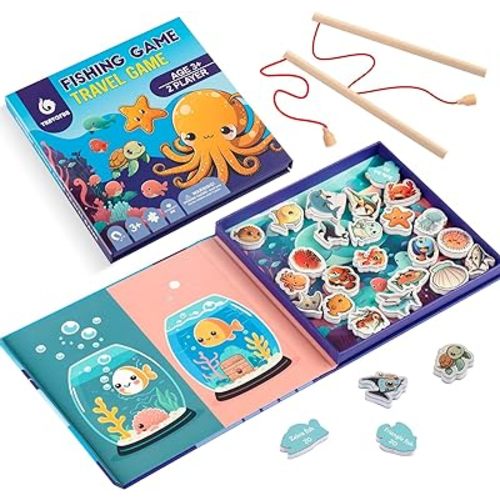 Magnetic Fishing Game for Toddlers -Travel Toys 3-5 Airplane Essentials - Mess-Free Camping & Car Trip Activity - Wooden Learning Toy with 27 Fish