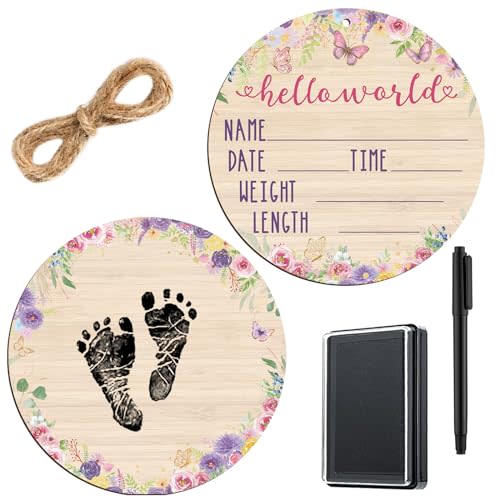 Thyle Baby Announcement Wooden Name Sign for Hospital Birth Double Sided Newborn Welcome Sign with Marker Pen and Ink Pad for Baby Shower Hand Footprints(Butterfly)