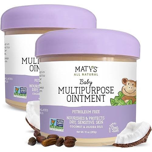Matys Multipurpose Baby Ointment, All Over Gentle Skin Protection for Newborns & Up, Soothes Dry Irritated Skin, Diaper Area, Dry Scalp, Drool Irritation, Petroleum Free, 2 Pack, 10 oz each tub