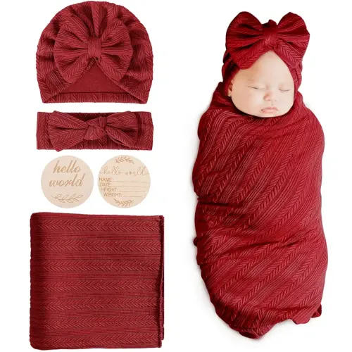 DRESHOW BQUBO Baby Swaddle Blankets for Girls, 4PCS Newborn Accessories Set with Matching Hat and Bow Headband with Hello World Wooden Birth Announcement Card