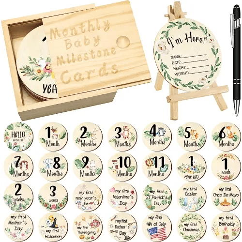 31 Pcs Wooden Baby Monthly Milestone Cards Double Sided Hello World Milestone Discs Pregnancy Journey Birth Announcement Sign Baby Boy and Girl Sets (Vivid)