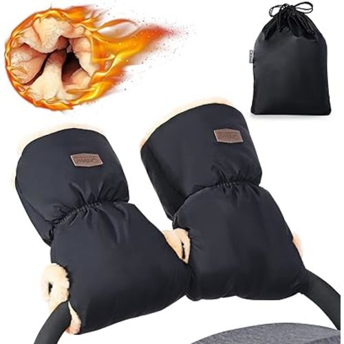 Orzbow Winter Stroller Hand Muff, Warm Artificial Sheepskin Stroller Mittens, Universal Baby Stroller Gloves, Mothers Essential Stroller Hand Cover -Extra Thick, Waterproof, Black