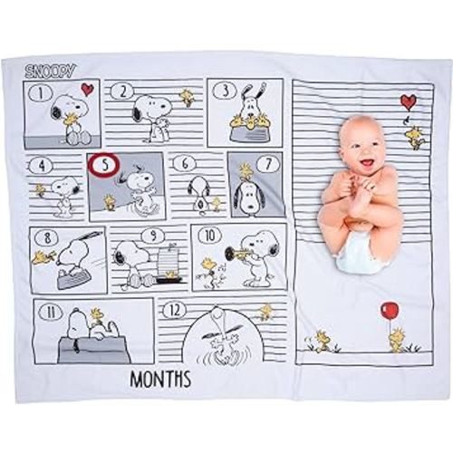 Lambs & Ivy Snoopy Milestone Photo Opportunity Black/White Fleece Baby Blanket