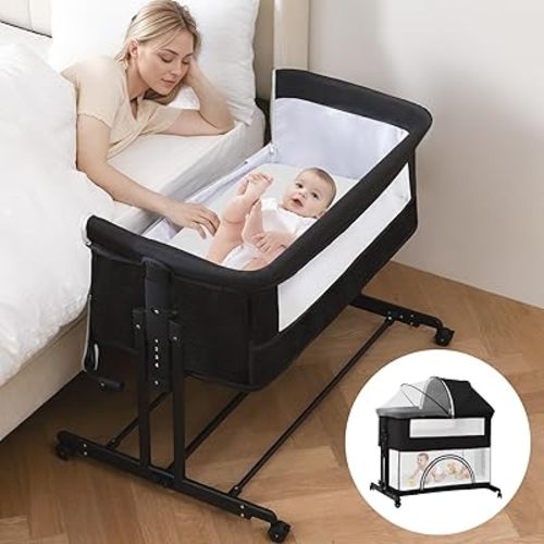 Baby Bassinet, Bassinet Playpen for Newborn, 3 in 1 Bedside Bassinet with Quickly Adjustable Height,Mosquito Net, Easy Folding Portable Bedside Sleeper for Infant Newborn