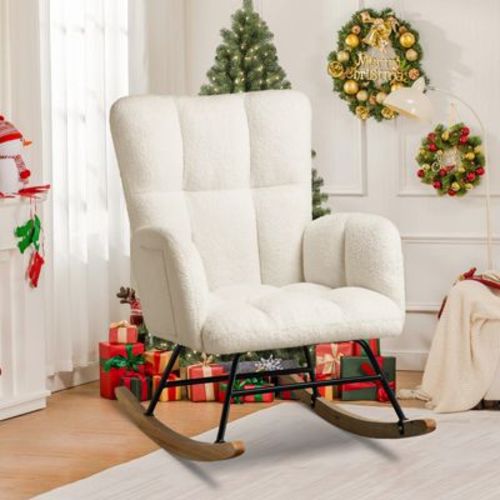 Comhoma Modern Nursery Rocking Chair, Teddy Upholstered Glider Accent Chair With Side Pockets, High Backrest, Beige